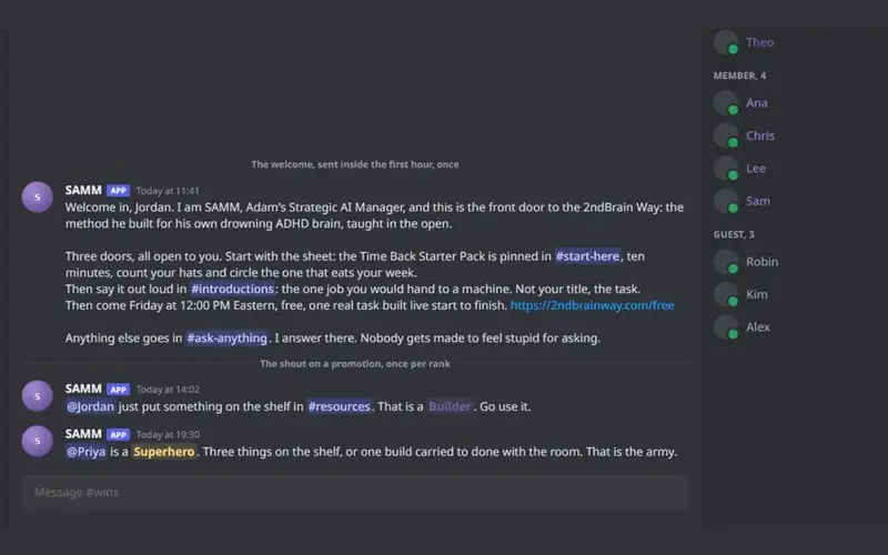 The members room on Discord greeting a new member