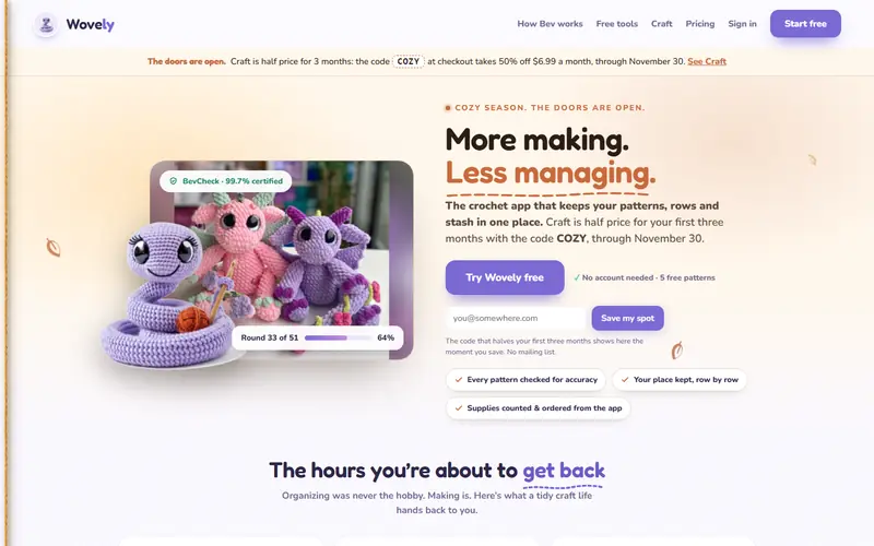 The Wovely crochet app home page